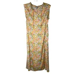 Croft & Barrow Maxi Dress Floral Print Ruffle Neck Tie Yellow Pink Green M